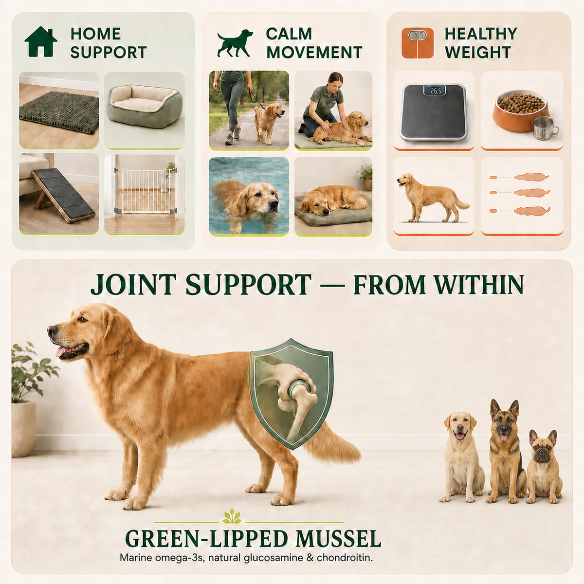 Four-part management infographic: home modifications, appropriate walks and movement, body-weight management and transparent daily nutrition.