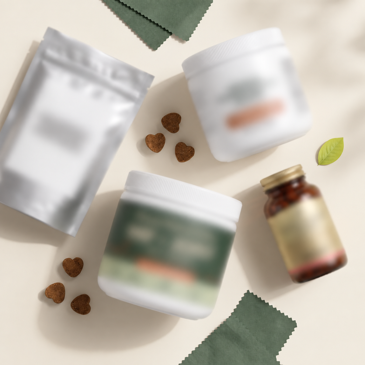 Clean white-background product-category photograph with unbranded, blurred joint products arranged around loose chews and powder, and an empty outlined space for the ManyMoreWalks tub.