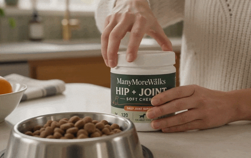 Warm kitchen scene: a hand places a soft chew into a dog’s dinner bowl, with an outlined empty space for the tub and a lead hanging near the door.