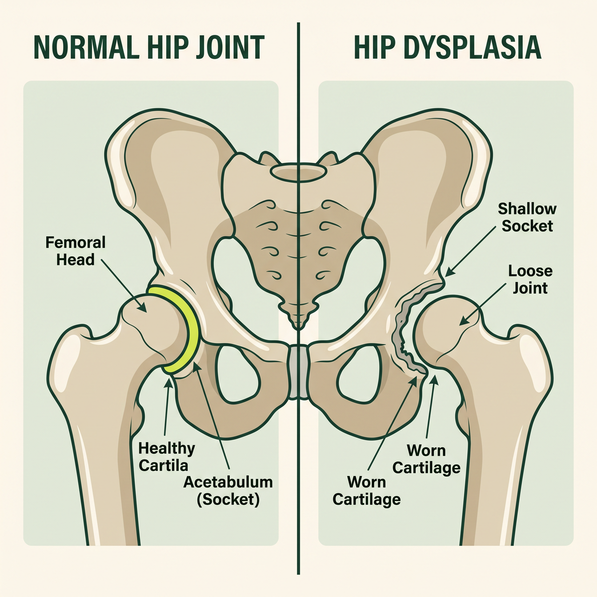 Split educational illustration: a comfortable canine hip and knee on the left, the same anatomy under ordinary joint stress on the right, with restrained labels.