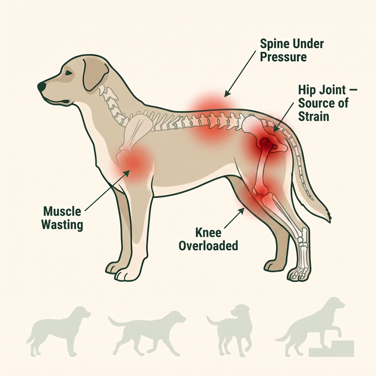 Side-view illustration of an adult dog walking, with subtle highlighted circles on hips, knees and lower back and an arrow sequence: stand, walk, turn, climb.